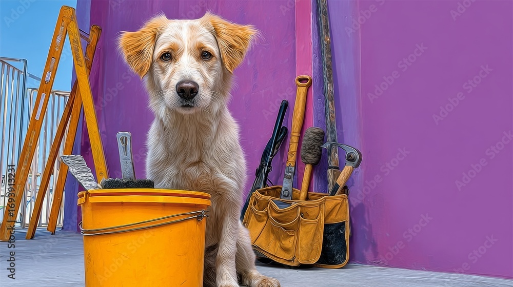 Poster a dog is sitting in front of a bucket and a toolbox. the bucket is yellow and the dog is brown. the 