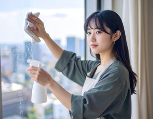 集中して窓を磨く真剣な女性