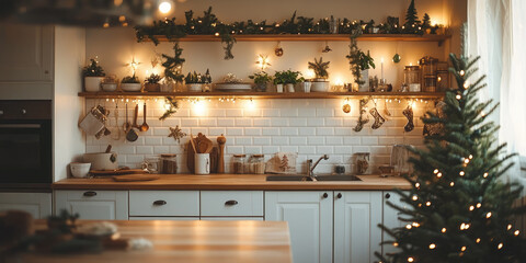 Glowing christmas lights warming rustic wooden countertop near decorated pine tree, white blooms, exposed brick wall in minimalist scandinavian kitchen setting