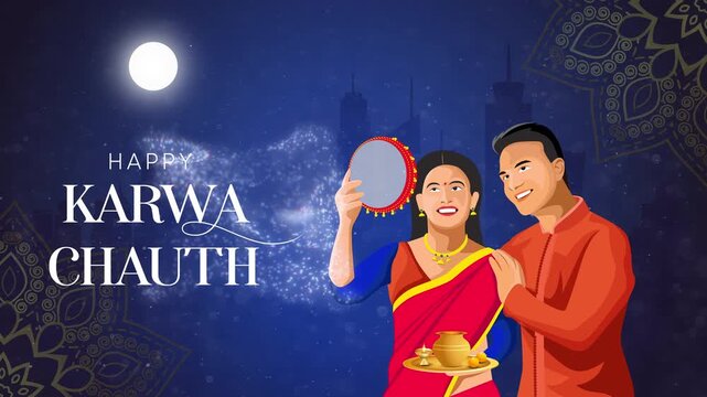 Happy Karwa Chauth Template. Motion Graphics of A Married Couple and the Full Moon. Best Wishes and Greetings.
