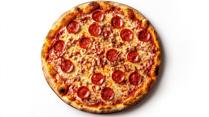 Overhead view showing crispy pizza crust topped with melted mozzarella, spicy pepperoni slices, zesty tomato sauce on pristine white surface