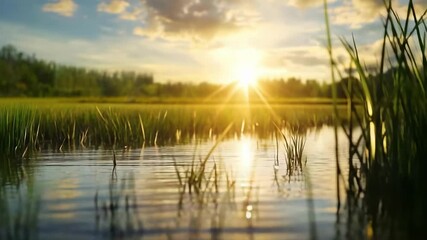 A tranquil lake scene with tall grasses at the water’s edge, a bright sun near the horizon, and rippled reflections on the surface. - Powered by Adobe
