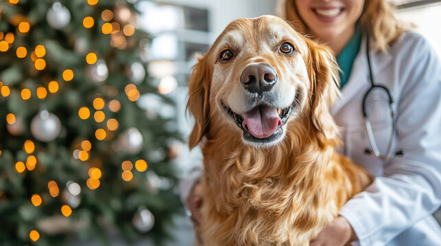 Veterinarian examining a labrador retriever dog in a veterinary clinic with a Christmas tree in the background, creating a warm and festive atmosphere during the holiday season