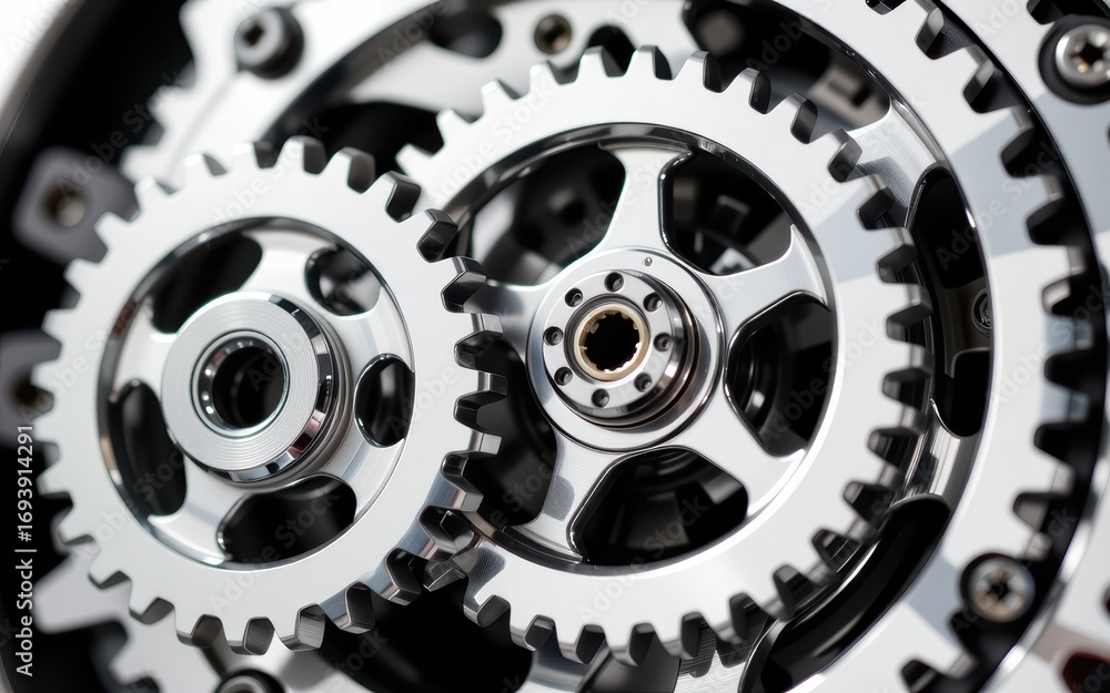 Poster close-up of shiny metallic gears interlocking in a mechanical system.