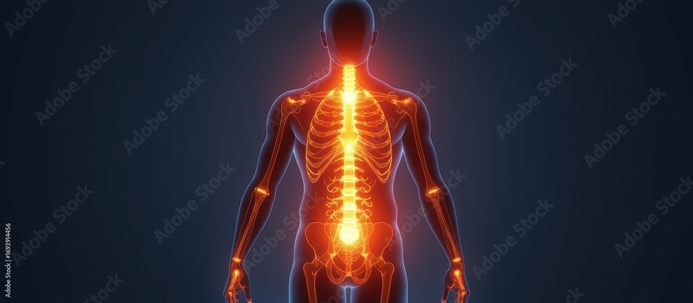 Poster visual representation of a human skeleton with highlighted spine.