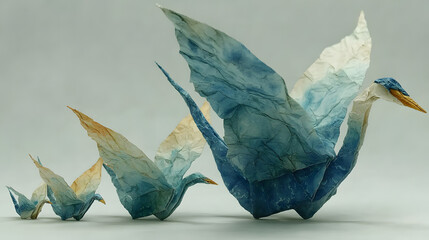 Obraz premium Origami Metamorphosis Crumpled Paper to Boat to Swanto Flying Bird Transformaton, White Background, Growh Concept
