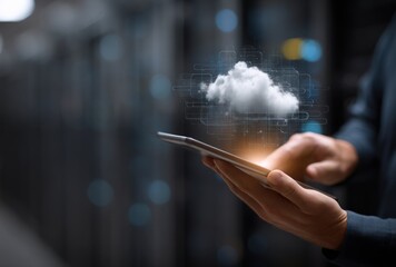 Close-up hands hold a tablet showing a cloud data concept against blurred server background, symbolizing digital technology innovation