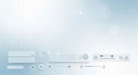 A light blue grid background with glowing points featuring a collection of translucent user interface elements like input fields buttons and sliders