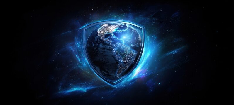 The Earth Shielded by a Futuristic Blue Cybersecurity Aura in Space