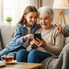 Fototapeta premium Granddaughter Teaching Her Grandmother How to Use a Smartphone at Home