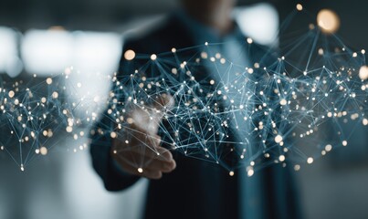 A person in a suit extends a hand, with a network of interconnected points and lines overlaid, suggesting a digital handshake