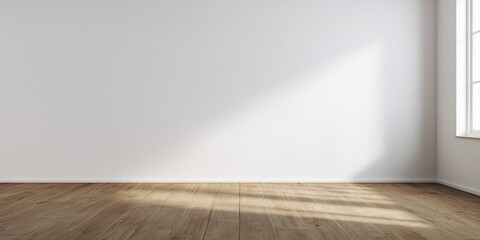 Photo of empty wall in modern office room with light wooden flooring and minimalist decor, bright clean interior design, spacious workplace background