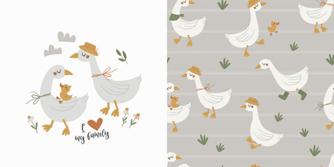 Vector baby's set of poster and seamless pattern with cute geese. Perfect for kids bedding, fabric, wallpaper, wrapping paper, textile, t-shirt print. © nafanya241