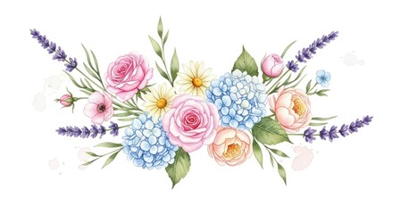 Fototapeta premium Watercolor bouquet with pink roses, blue hydrangeas, lavender, and daisies on a white background