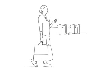 Woman with shopping bags. 11/11 concept one-line drawing