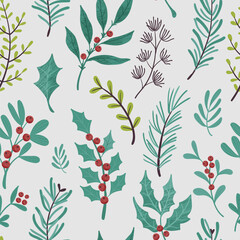 Vector seamless pattern with floral branches and berries. Perfect for Christmas paper, fabric and gift designs