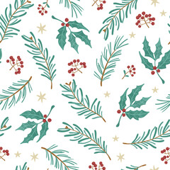 Seamless pattern with floral branches and berries, christmas florals. Perfect for Christmas paper, fabric and gift designs