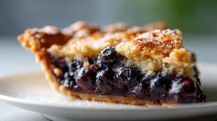 Close-up of a slice of blueberry pie on a white plate. the pie has a golden brown crust on top and a layer of blueberries on the bottom.