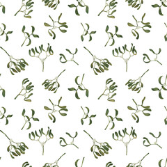 Watercolor seamless Christmas pattern with mistletoe branches, hand-painted. Perfect for wrapping paper, fabric, holiday cards, invitations, and festive designs.