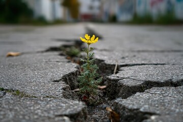 A yellow flower grows through cracks in an old concrete road. It symbolizes resilience, hope, and overcoming obstacles in life.