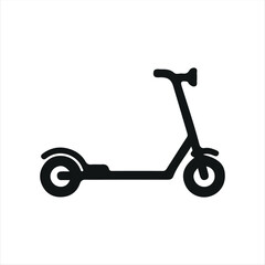 Simple silhouette icon of an electric scooter in black and white minimalist style. Perfect for transportation apps, navigation maps, or modern graphic needs