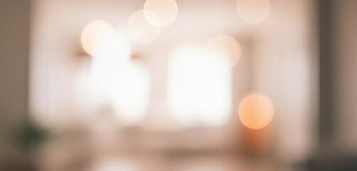 Abstract blurred interior with bokeh lights and soft neutral color palette, glowing gently to create a calm dreamy ambience with airy serene highlights.