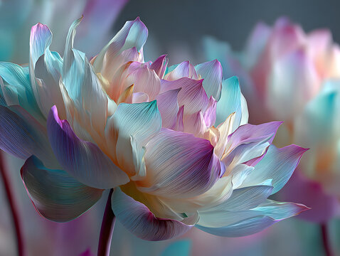 "Ethereal lotus-inspired abstract gradient. Pale pin, soft pearl white, and getle aqua tones layered in ilky translucent petal veis."