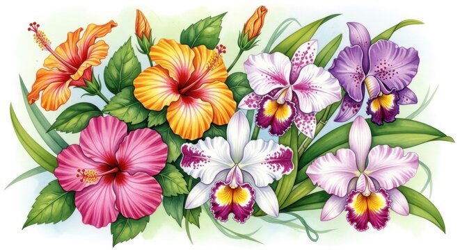 Vibrant floral arrangement showcasing diverse tropical blooms, from hibiscus to orchids, surrounded by lush green foliage, creating a burst of color