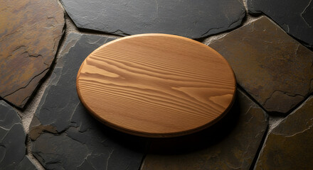 Wooden Plate on Stone Slab Background Stylish Neutral Texture Design