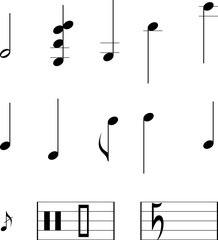 Music notes pattern, music symbols, notes, clefs and sharps. Various musical symbols including whole, half, quarter, eighth, and sixteenth notes and rests for print, wallpaper, wrapping, educational.