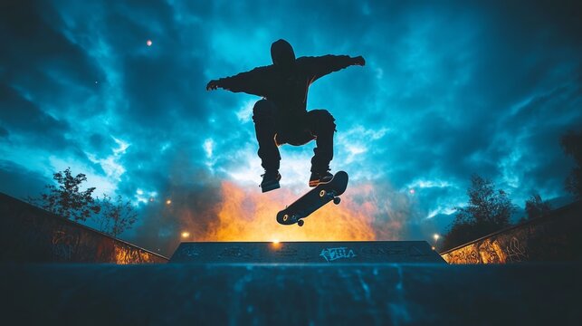 A skater performs a dynamic trick, silhouetted against a backdrop of dramatic clouds and illuminating hues at dusk - Powered by Adobe