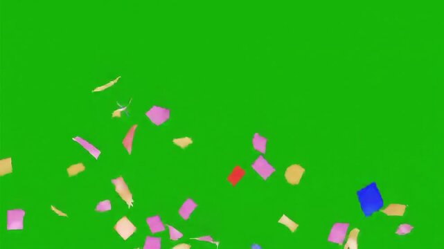 Confetti on a Green Canvas: A dynamic shot of vibrantly colored confetti, captured in a dynamic mid-air display, falling gracefully against a pure green background.