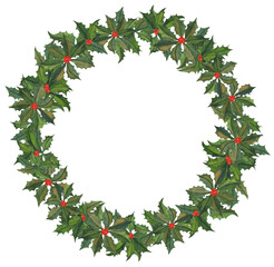 Watercolor winter Christmas wreath frame with holly leaves and berries, hand-painted. Perfect for holiday cards, invitations, and festive designs.