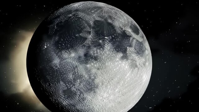 Detailed, gray-scale image of the moon against a star-speckled dark sky