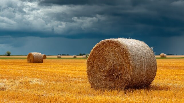 Hay bales in a golden field under a stormy sky