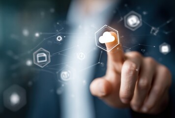 Hand interacting with glowing interface of clouds, files, gears, dots, and lines. Depth of field effect