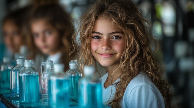 A portrait of girls in a chemistry laboratory, smiling as they engage in the learning process during a class experiment.