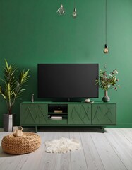Minimalist living room interior have green cabinet for TV and decor accessories with green color wall