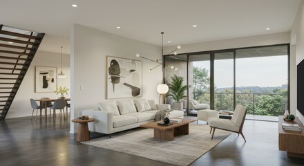 Modern Living Room Interior with Balcony and Abstract Art.