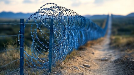 A winding barbed wire fence outlines a dirt path, emphasizing isolation in an expansive landscape under soft lighting