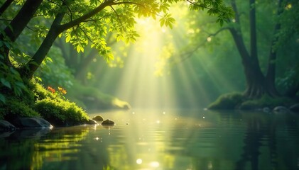 Serene nature scene depicting spiritual healing; sunlight filters through leaves onto tranquil water Perfect for meditation, mindfulness, and well-being concepts , holistic, reflection, harmony