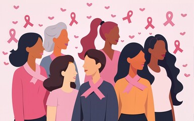 Breast cancer awareness month poster. Pink October vector illustration. Group of women of diverse age, races and occupation wearing pink ribbons for breast cancer. High quality