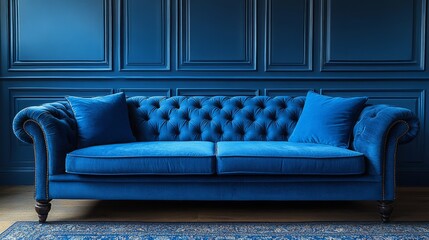 A stunning blue velvet couch graces the room, designed for comfort and style, enhancing the ambiance of luxury living