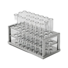 A stainless steel rack holds a collection of clear test tubes, arranged neatly in rows and columns.
