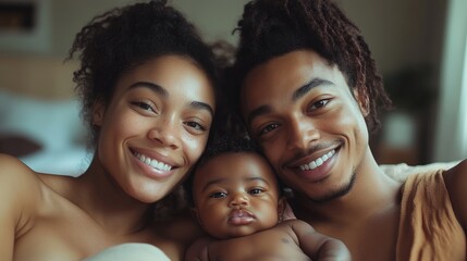 A happy couple cradles their baby, radiating love and warmth in a serene setting