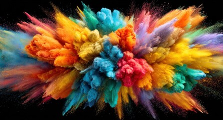 Vivid explosion of rainbow powder, swirling and mixing against a stark black backdrop. An abstract burst of color and motion in vibrant shades