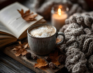 Mug kopi latte putih berbusa dalam suasana musim gugr yang nyaman dengan buku erbuka, daun kering, lilinmenyala, dan selimut rajutn. Latar belakang lembut, ada hangat, komposisi dama.