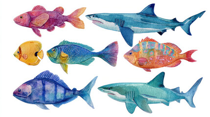 Obraz premium Sharks and adorable tropical fish. Hand-drawn marine fauna underwater. sea life in watercolor. inhabitants of water.