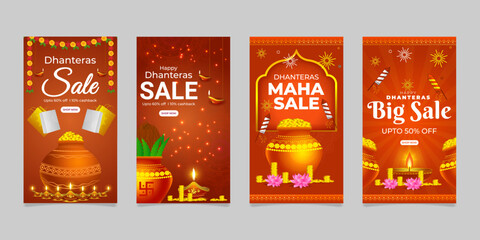 Vector illustration of Happy Dhanteras social media feed template for festive sale offer discounts