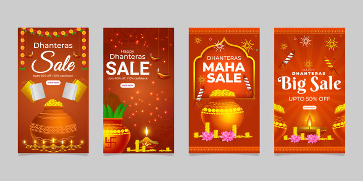 Vector illustration of Happy Dhanteras social media feed template for festive sale offer discounts